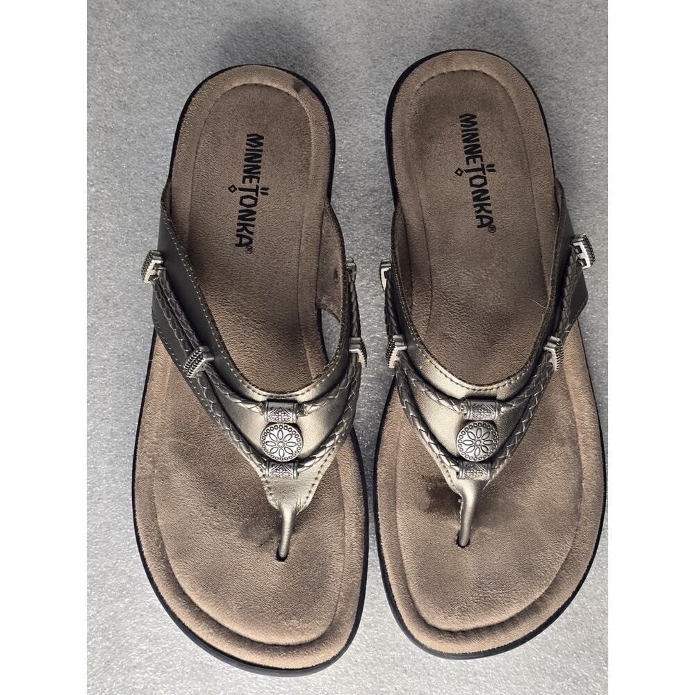 Minnetonka Silverbay Pewter Leather Sandals Size 9 SilverTone Beads Braided - Picture 4 of 7